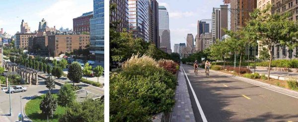 2 images of the boulevard with plantings and walk/cycle lanes