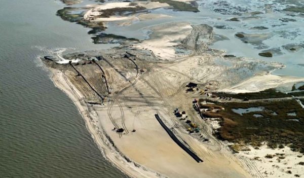 Overhead view of beach re-nourishment along the Delaware Bay at Prime Hook National Wildlife Refuge.