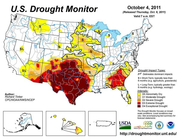 A US map showing drought areas