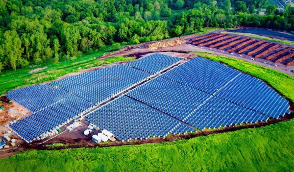 Aerial view of solar panels at the Hamden Landfill Site