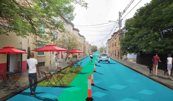 Rendering of temporary barriers for walkable streets