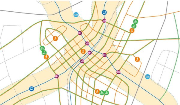 Map showing different transportation modes - walking, cycling, micromobility, microtransit, bus, and rail.