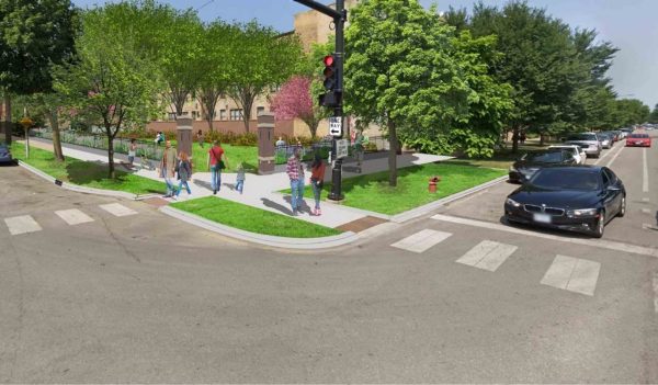 Rendering of an urban street crosswalk with landscaping on the boulevard.