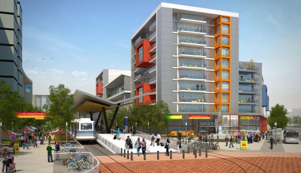Rendering of the development with midrise housing and lrt station