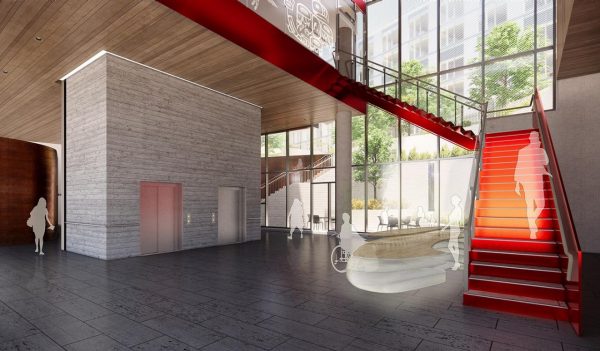 Rendering of the main entrance lobby with stairs to the next floor